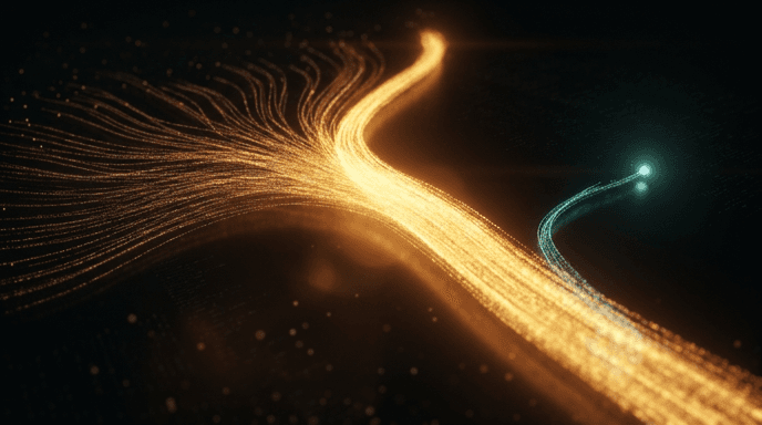 A glowing amber stream of code particles splitting into one dominant bright path while a single teal branch peels away to the side