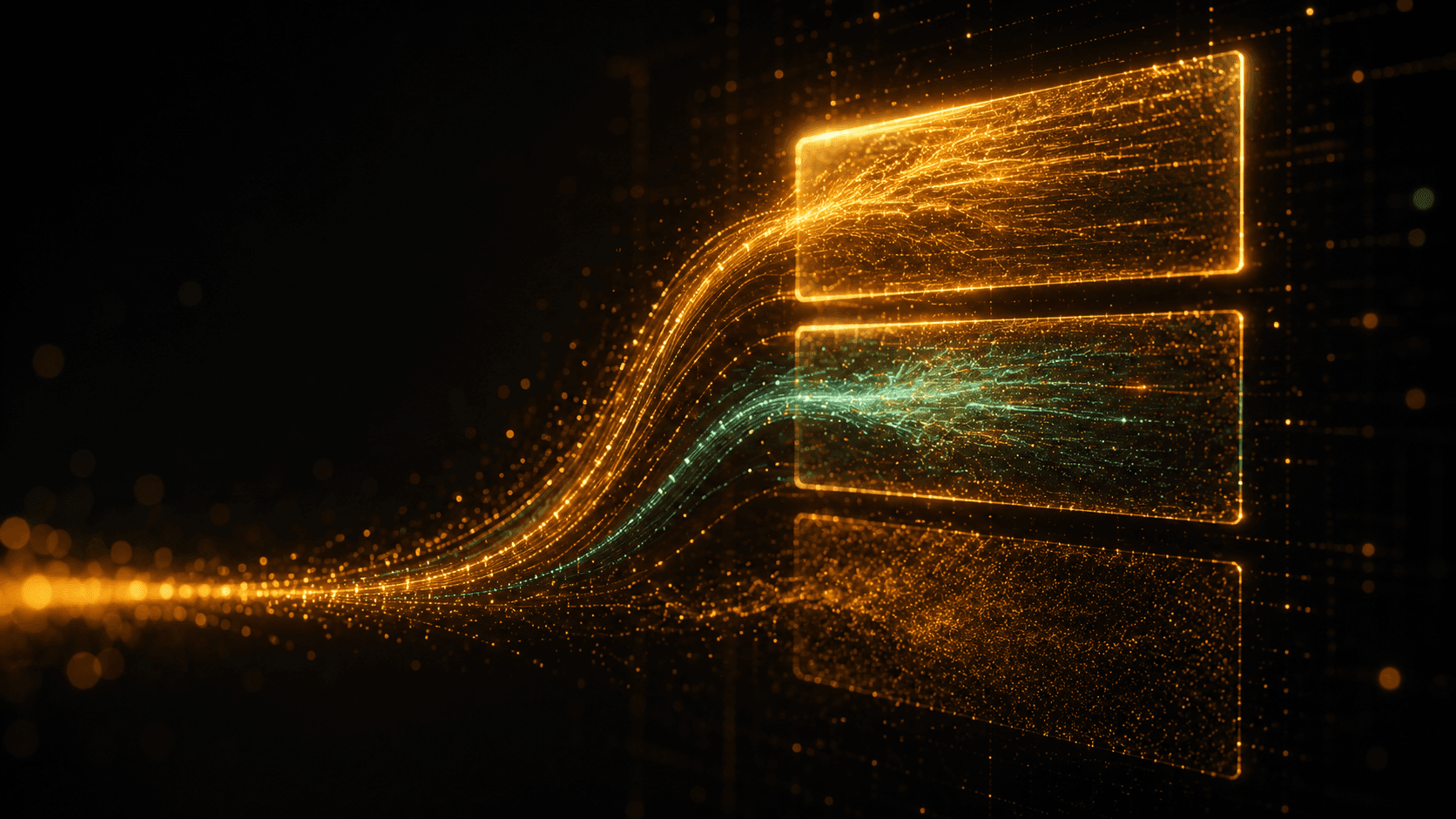 Three stacked horizontal panels made of glowing amber particles streaming in from the left, the top panel fully lit, the middle one resolving with a teal accent, the bottom one still faintly forming