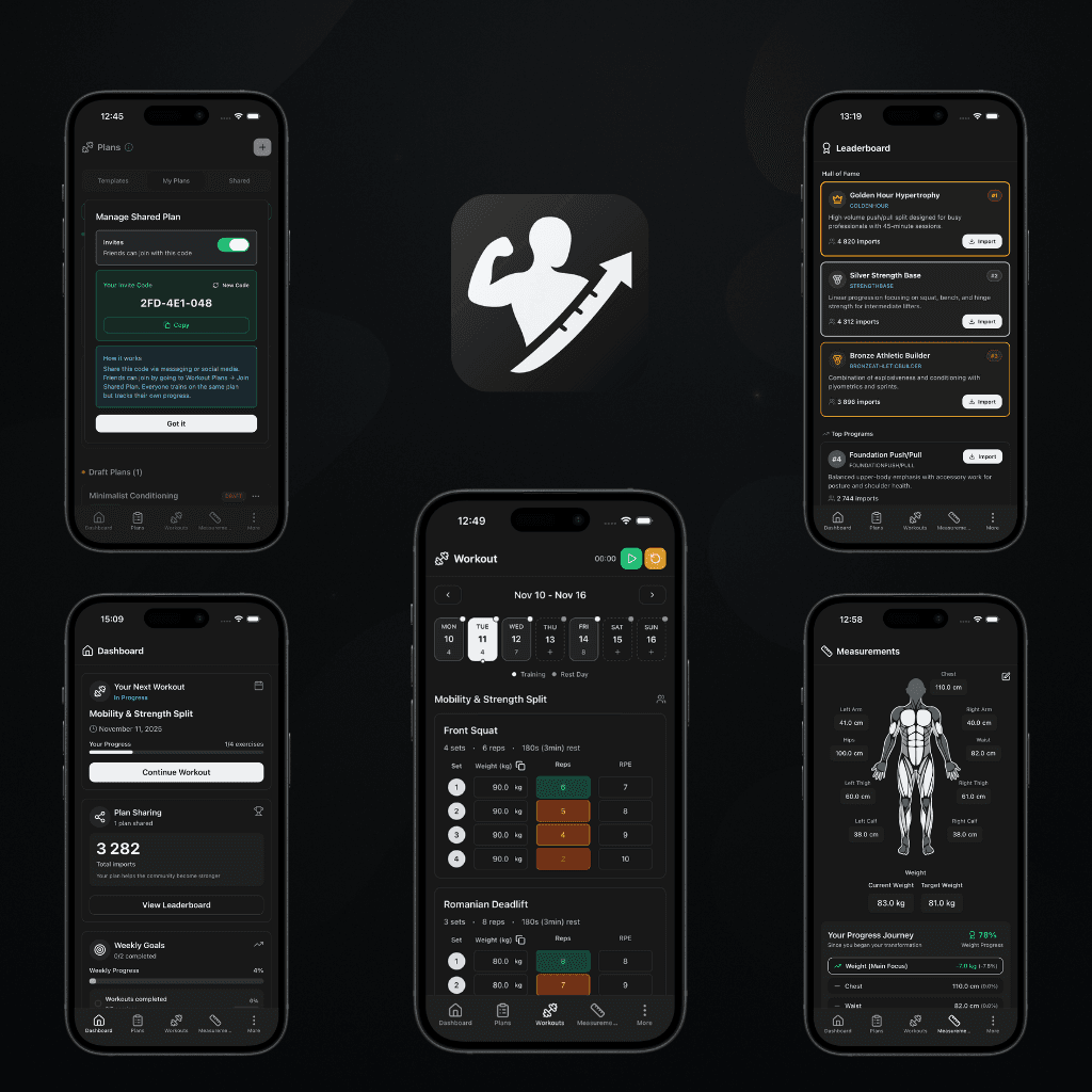 Trackist app screens showing an adaptive training plan and workout logging.