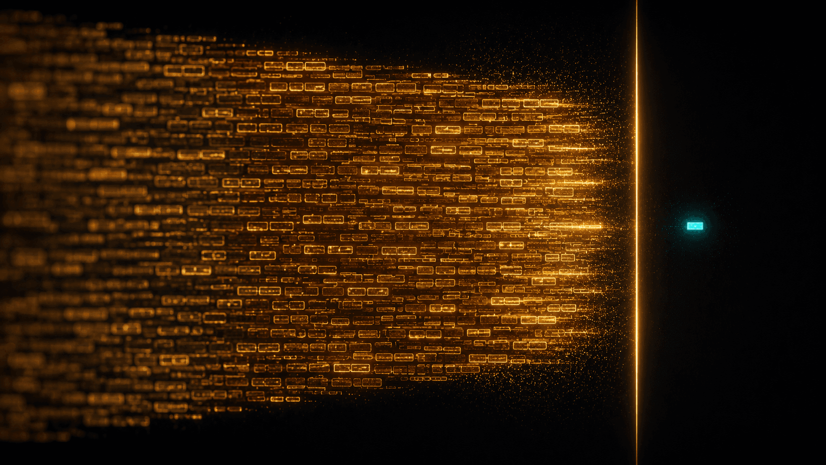 A dense band of amber schema blocks streaming from the left and filling most of the frame, cut by a thin luminous vertical line, with a single small teal token glowing alone in the dark space beyond it