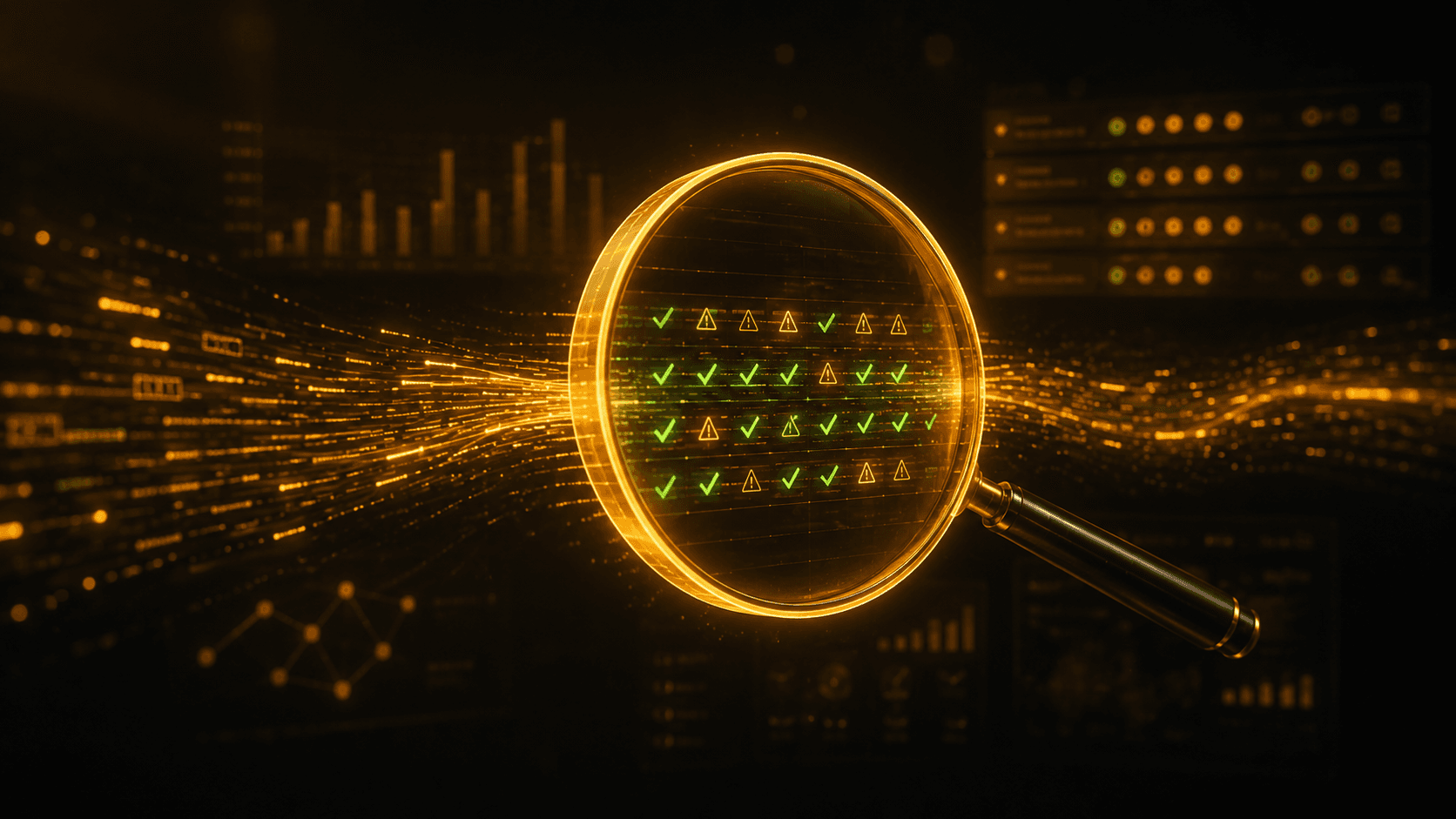 A magnifying glass inspecting a stream of AI output, revealing rows of green checks and warning marks
